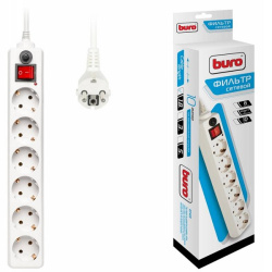 Сетевой фильтр  1.8м, 6 розеток, белый, Buro 600SH-16-1.8-W