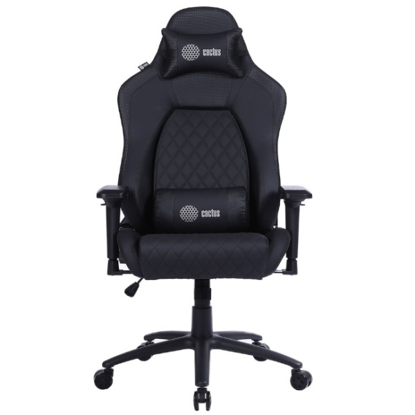  Кресло игровое Cactus CS-CHR-130 черный  (экокожа,120кг, крестовина металл, подголовник, поддержка поясницы)